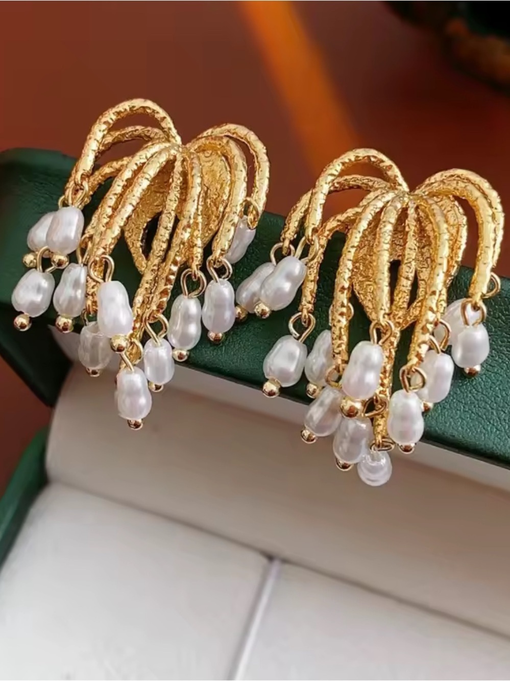 Gold Hoop Earrings with White Pearl Drops